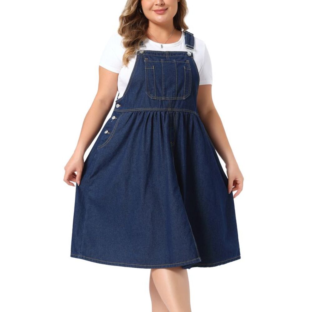 Women Plus Size Denim Overalls Dress Jean Midi Dresses Black Blue